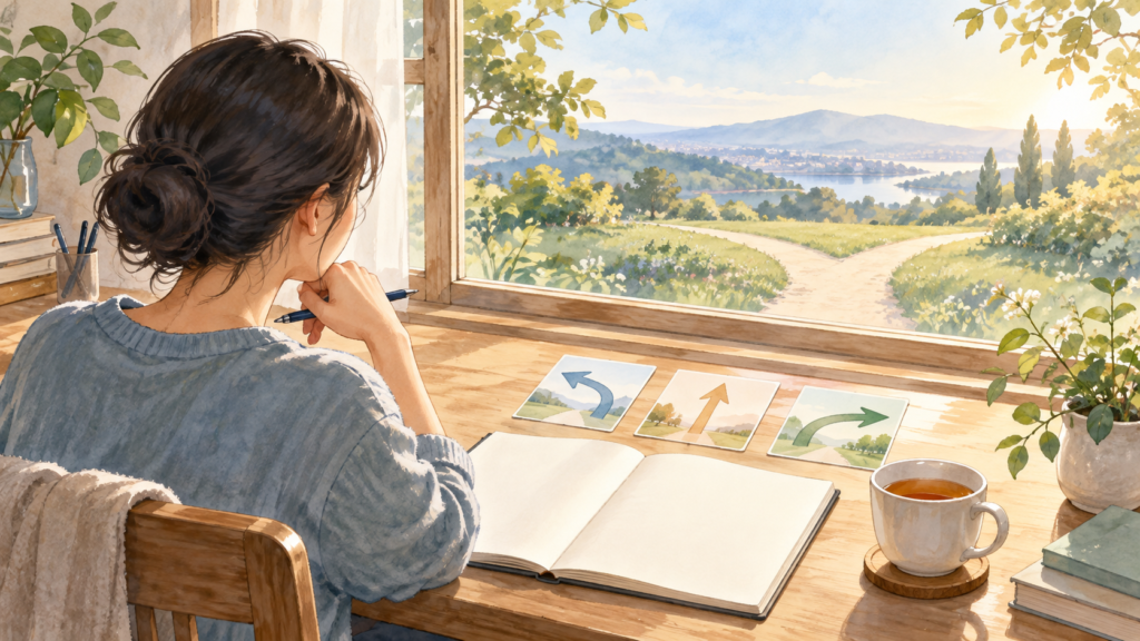 机で復職・退職など複数の進路を整理する人のイラスト